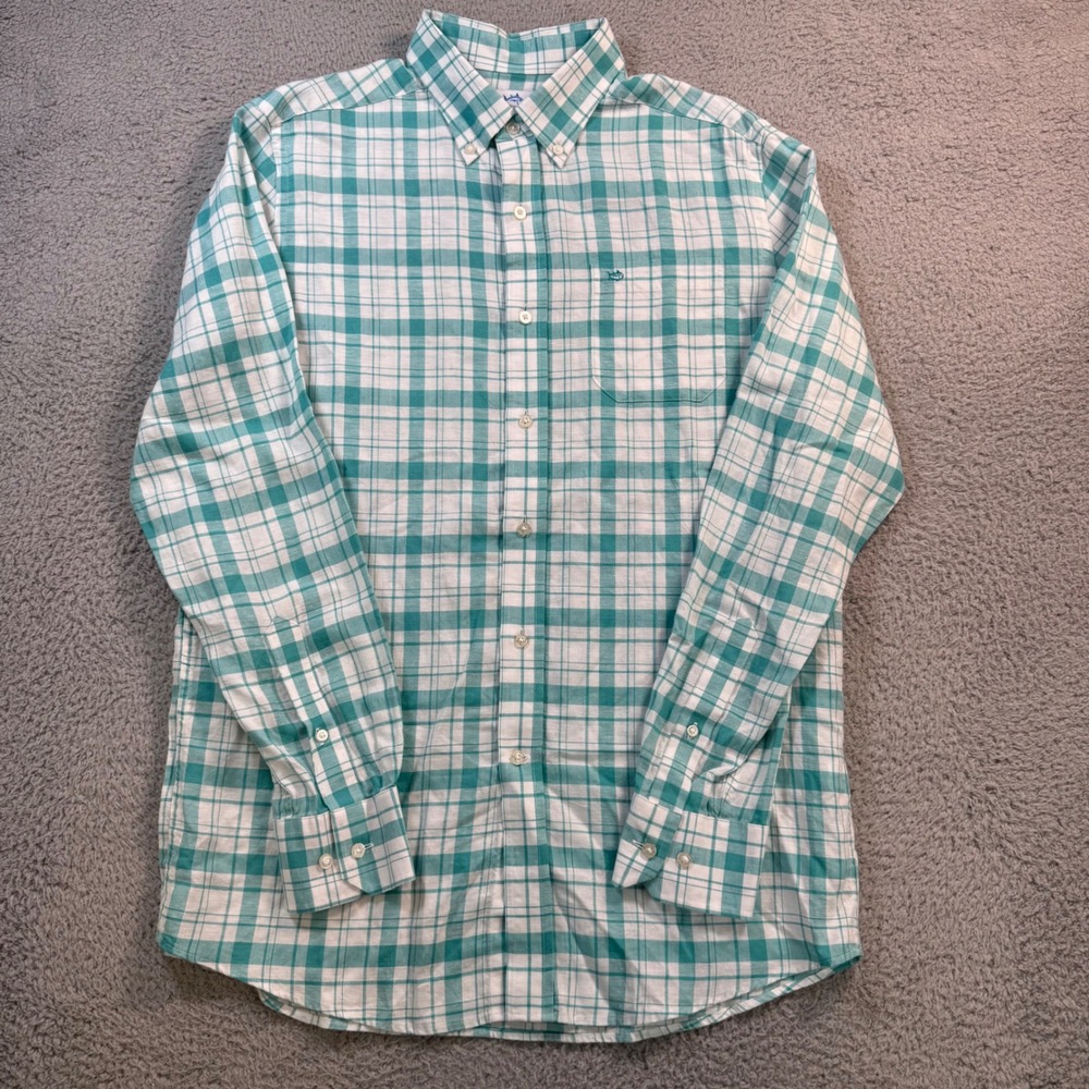 Southern Tide Mens M Green White Plaid Button Down Shirt Tencel Hemp